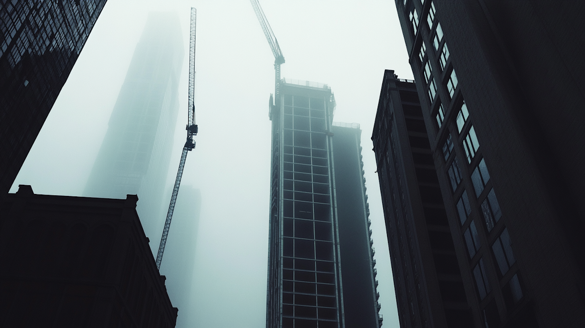 Construction cranes in fog